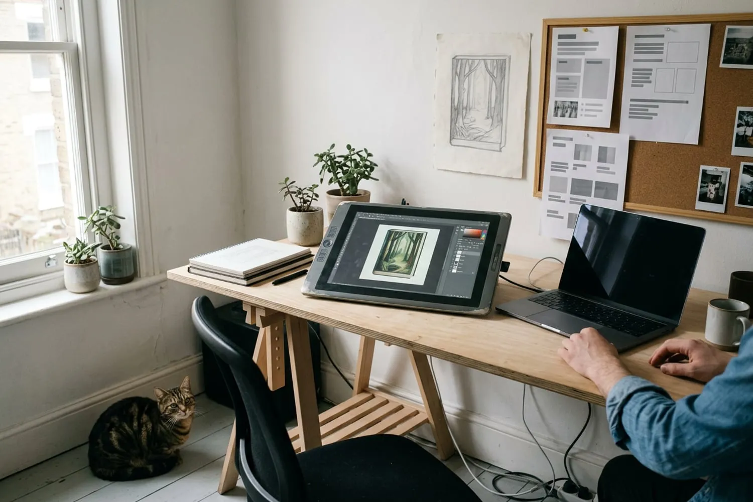 A drawing tablet and a laptop on a plywood desk, the screen showing a painted book cover with its layers panel open, a pencil sketch of the same cover pinned to the wall above
