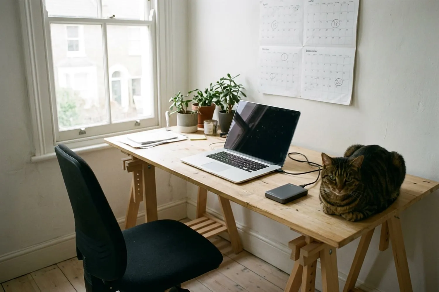 A laptop on a wooden desk with an external hard drive plugged in beside it, and a paper wall calendar above the desk with one day in each quarter circled in pencil