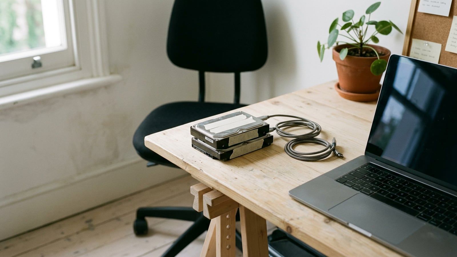 Close view of two small external hard drives stacked on a pale wood desk, a strip of blank masking tape on each, their short cables coiled beside the edge of an open laptop