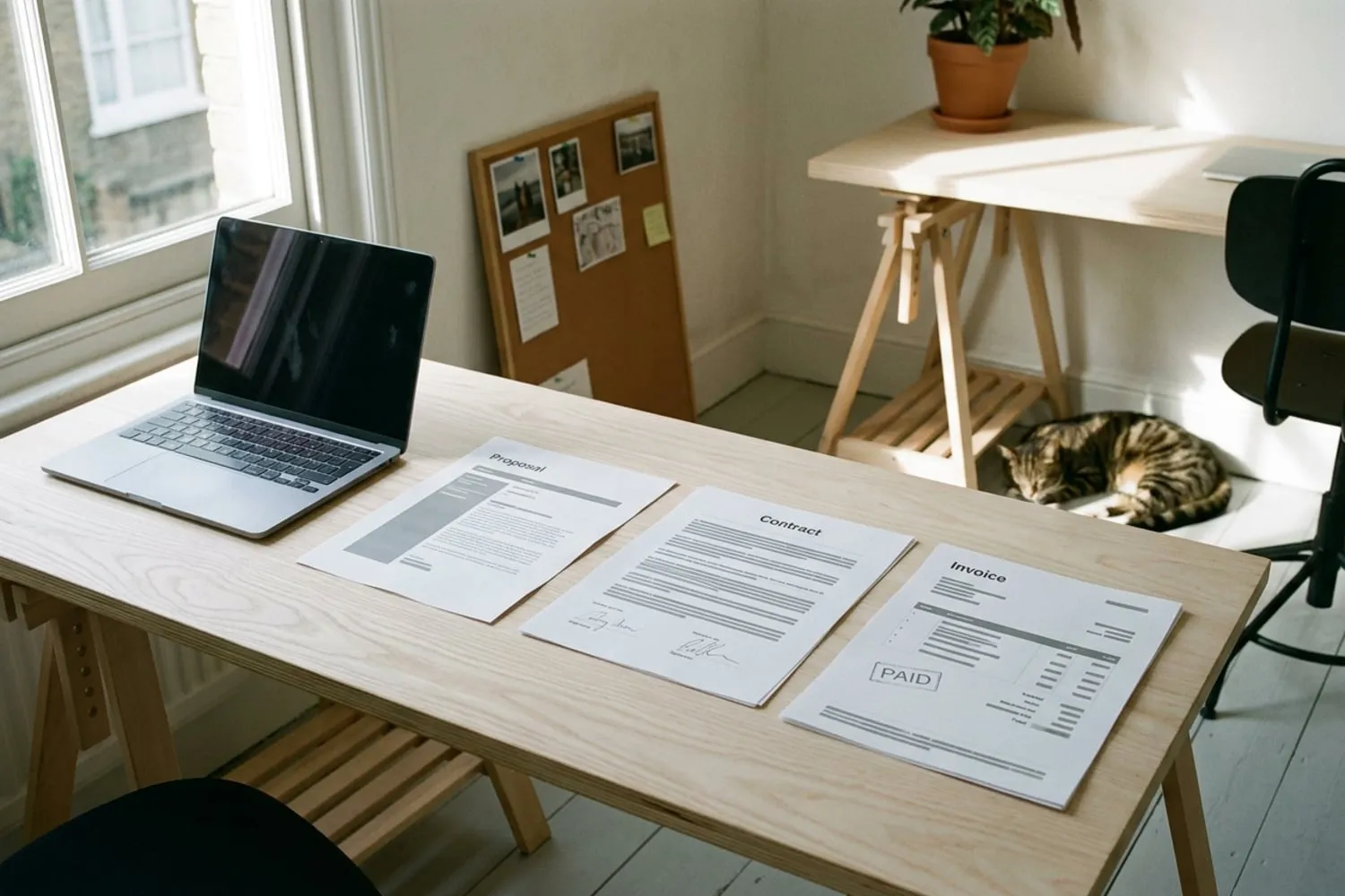 A printed proposal, a contract with two signatures and a paid invoice laid out in a row on a plywood desk, with a laptop closed at one end