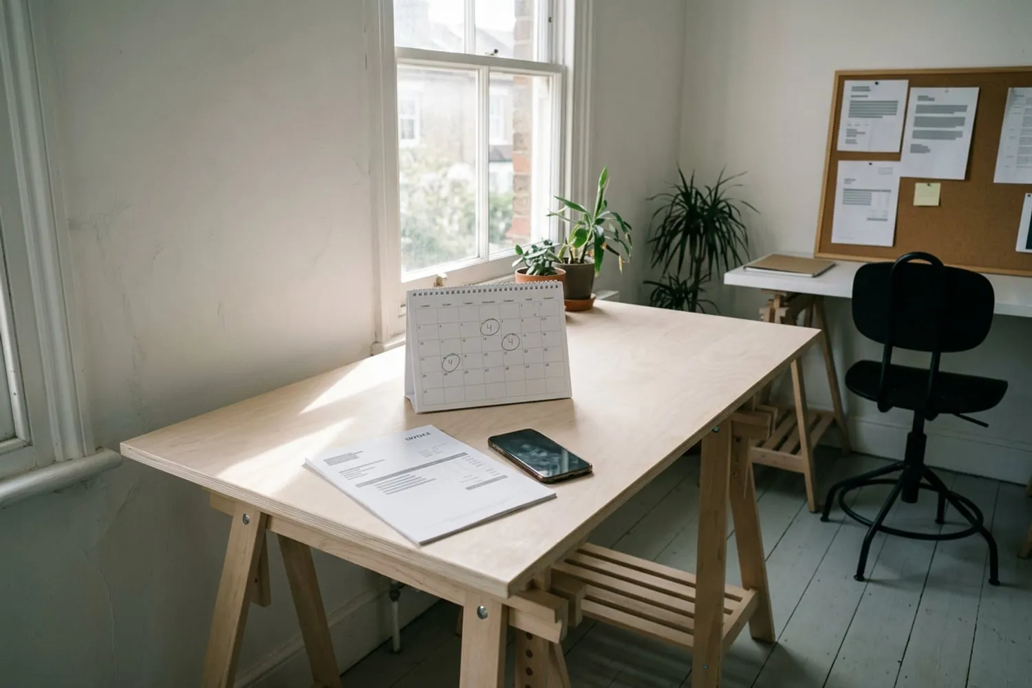 A desk calendar open at one month with four dates circled in pencil, a week or more apart, a printed invoice and a phone lying beside it