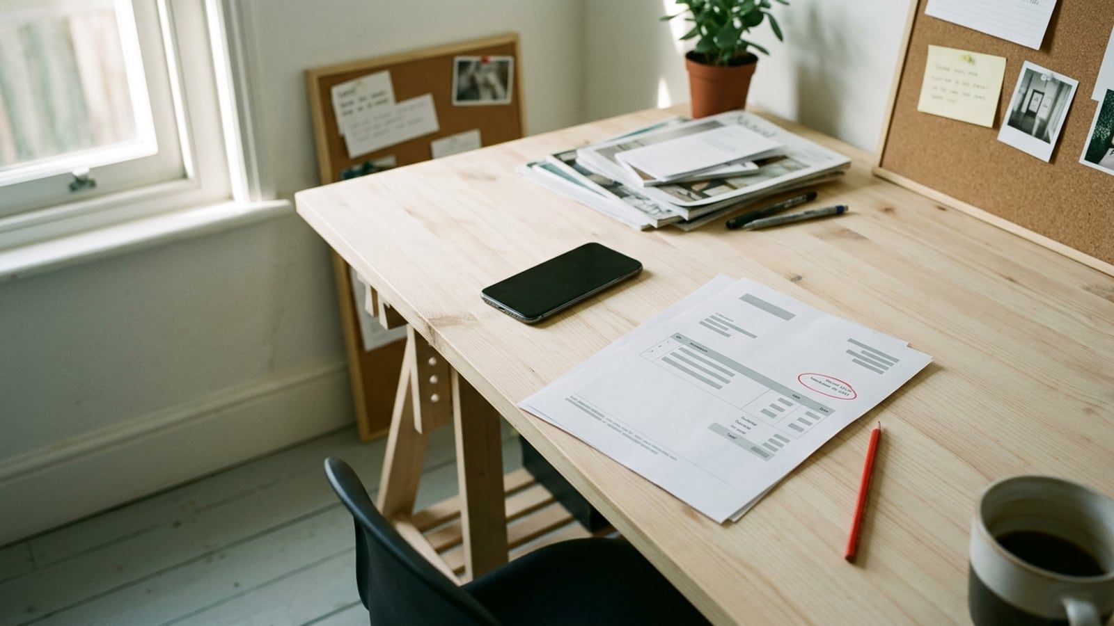 Close view of a printed invoice with its due date circled in red pencil, a phone lying face down and the rim of a coffee mug on a pale wood desk