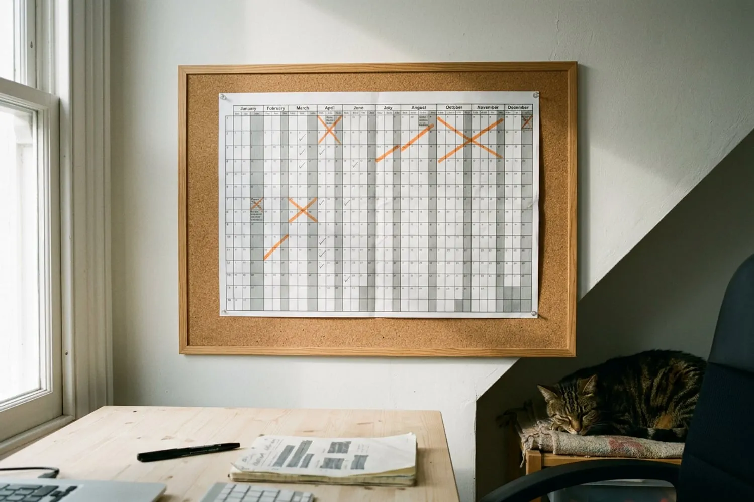 A year wall planner pinned above a desk, the weekends shaded gray, the holidays and three vacation weeks crossed through in orange marker and the remaining days ticked in pencil