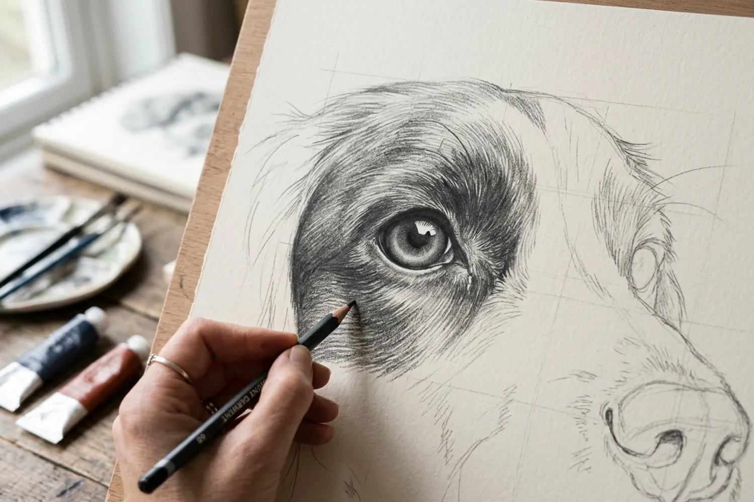 A close-up photograph of a graphite drawing of a dog’s eye, with a dark pupil, a small white catchlight and short pencil strokes of fur around the lid