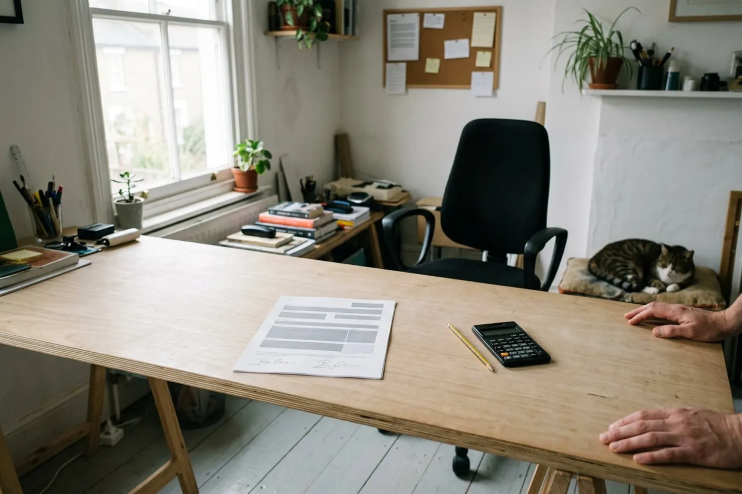 A one-page form on a plywood desk with two signatures at its foot, a pencil and a pocket calculator lying beside it