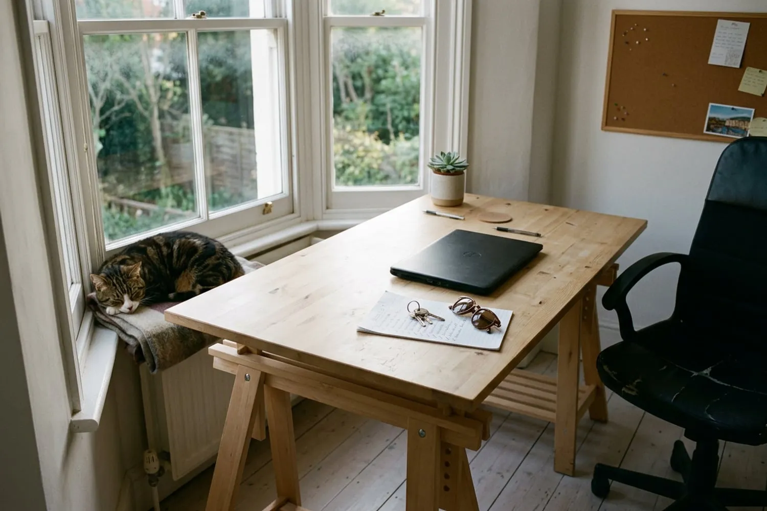 A tidy desk at the end of a working day: the laptop closed, a short handwritten checklist with every line ticked, a set of keys and a pair of sunglasses on top