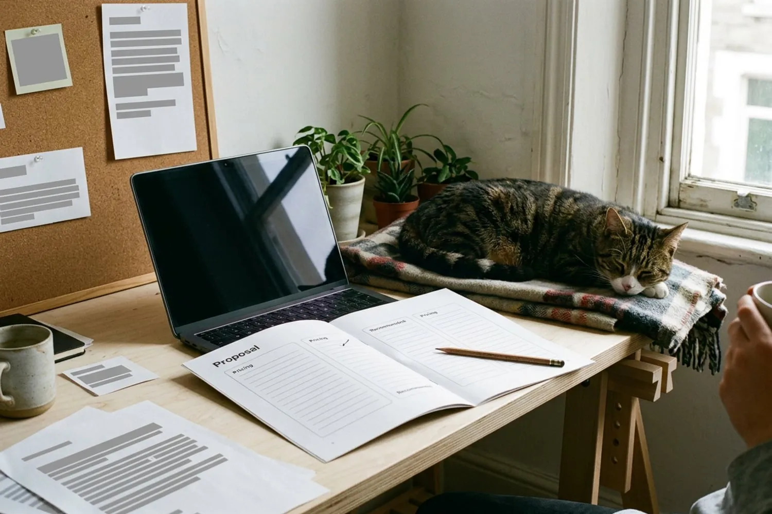 A printed proposal open at its pricing page, three options in ruled columns with the middle one marked Recommended, a pencil lying across the page and a laptop beside it