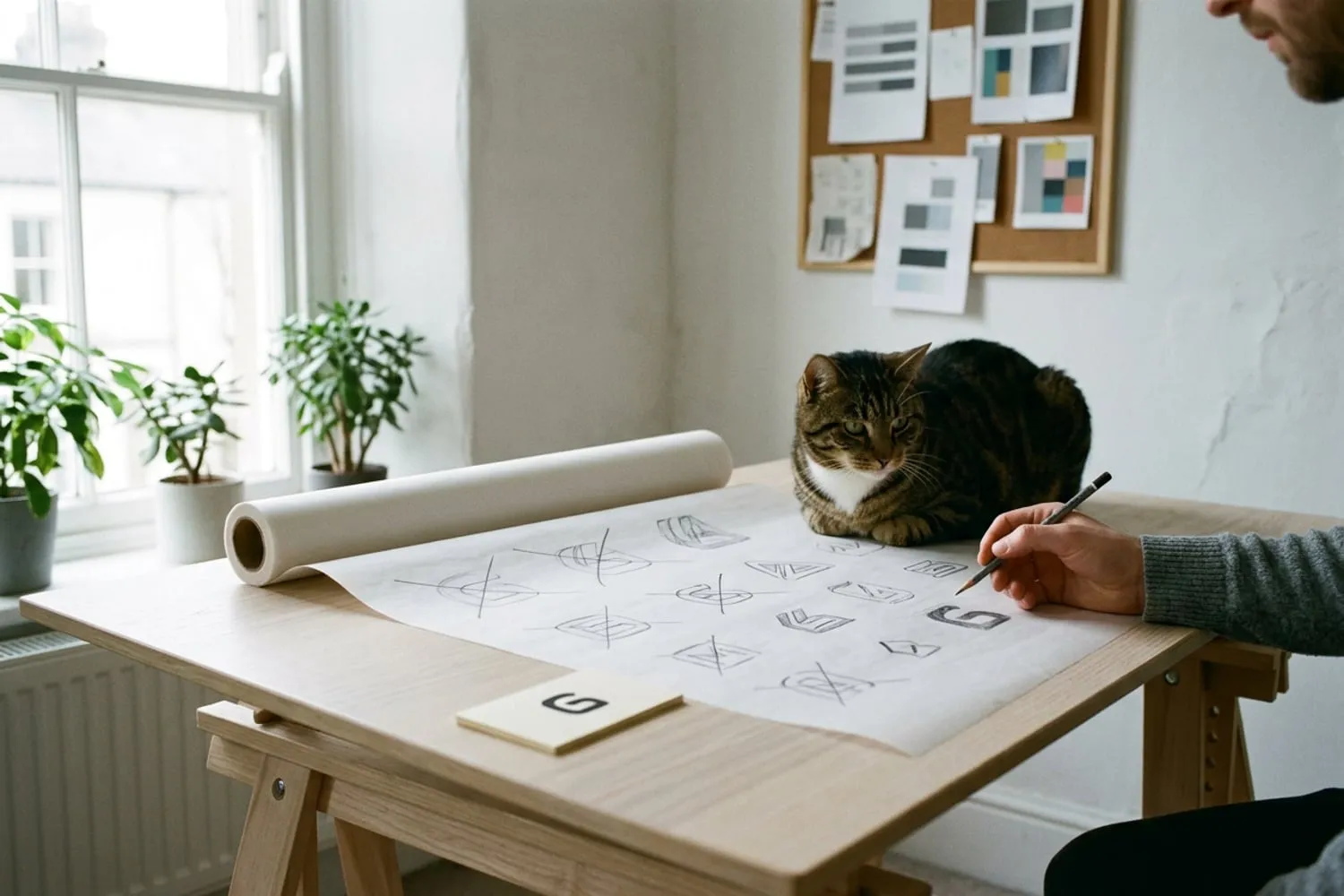Pencil logo sketches on tracing paper spread across a desk beside a business card printed with the final logo, the rejected concepts crossed through lightly in pencil