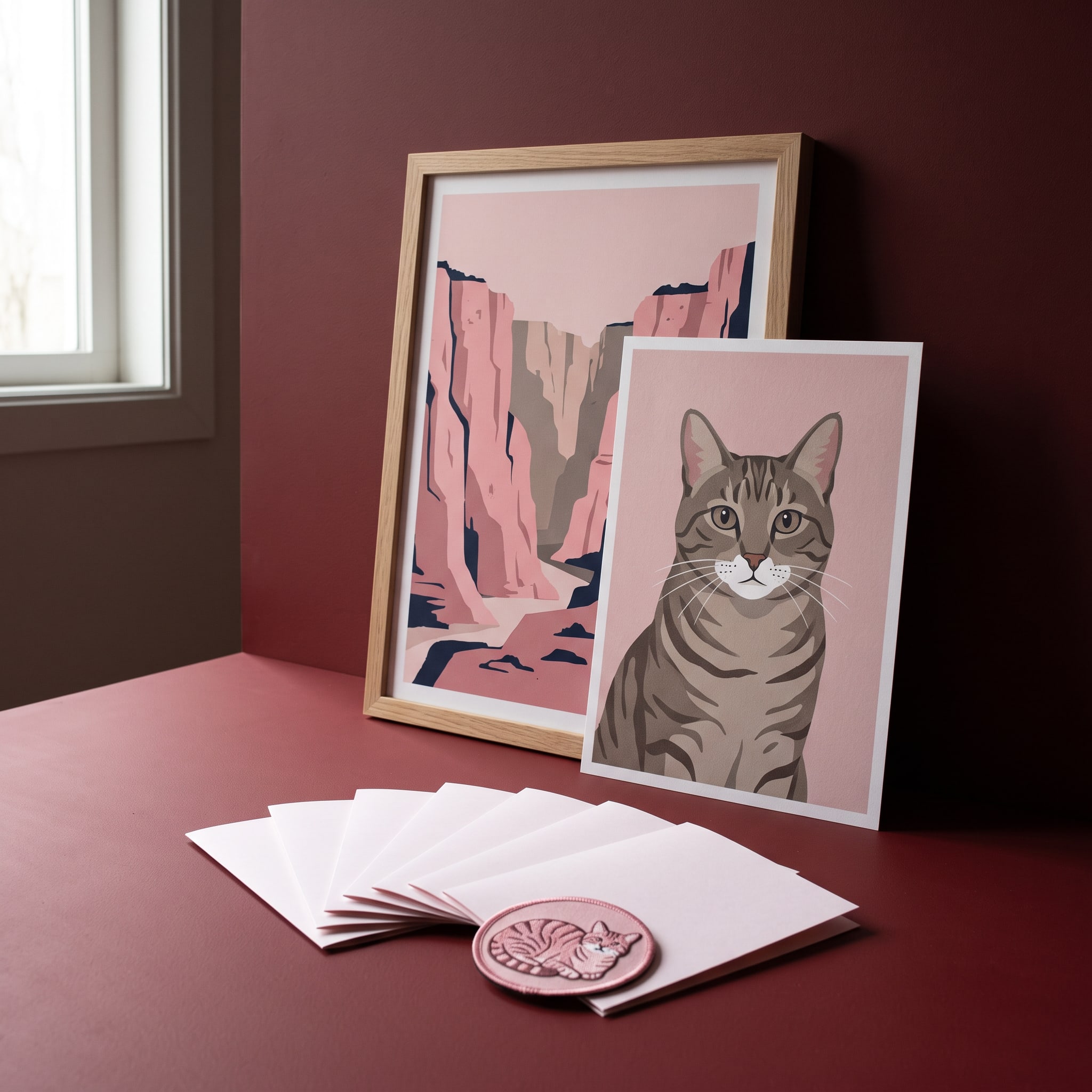 A framed travel poster leaning on an oxblood wall behind a tabby print, a fan of greeting cards and the striped-cat patch