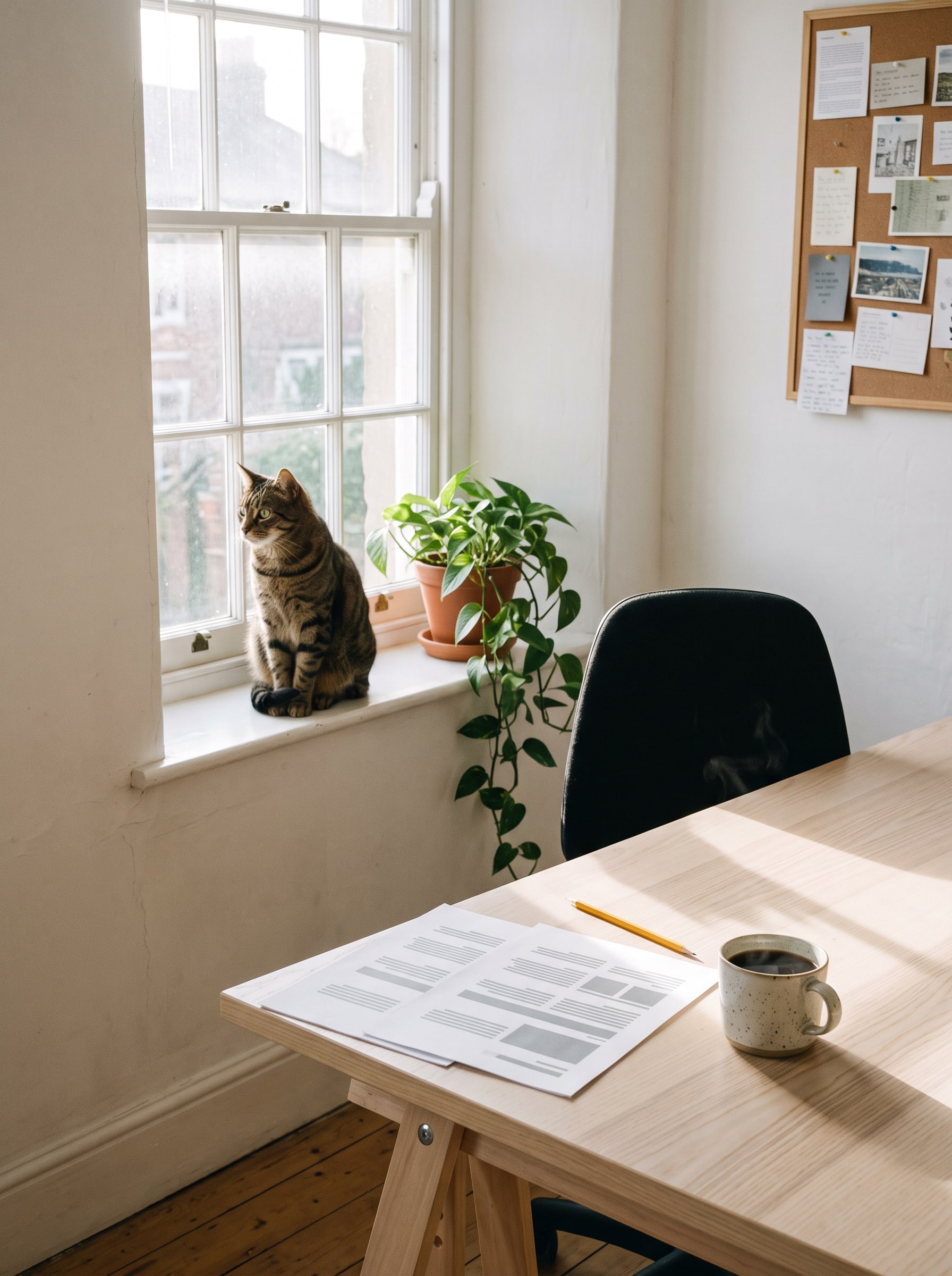 Monday morning: the tabby sits on the deep windowsill beside the desk while a new printed brief lies on the desk next to a mug of coffee.