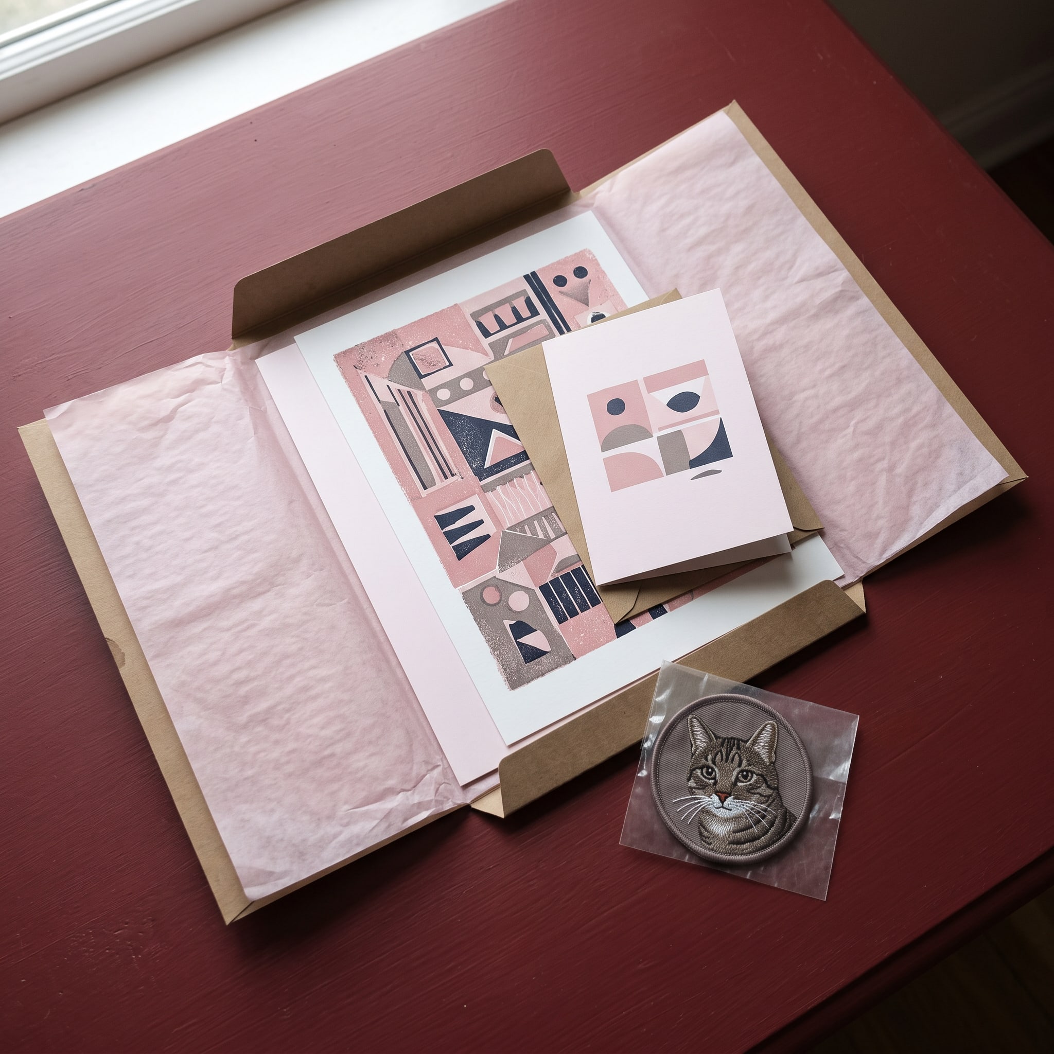 An opened flat kraft mailer holding an art print between sheets of pale pink tissue, a folded card on top