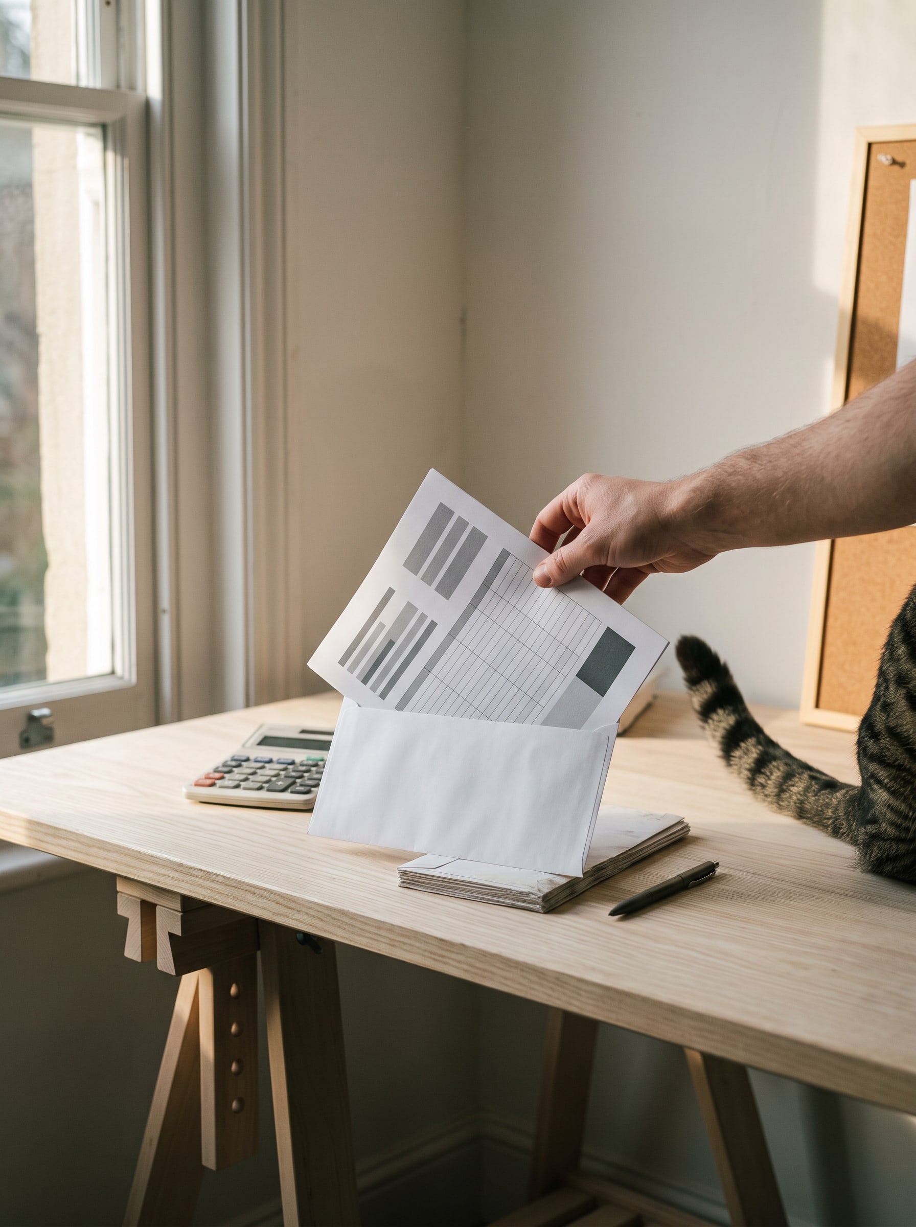 Thursday: invoices go out, a hand slides a printed invoice into an envelope beside a pocket calculator while the tabby’s striped tail curls across the desk.