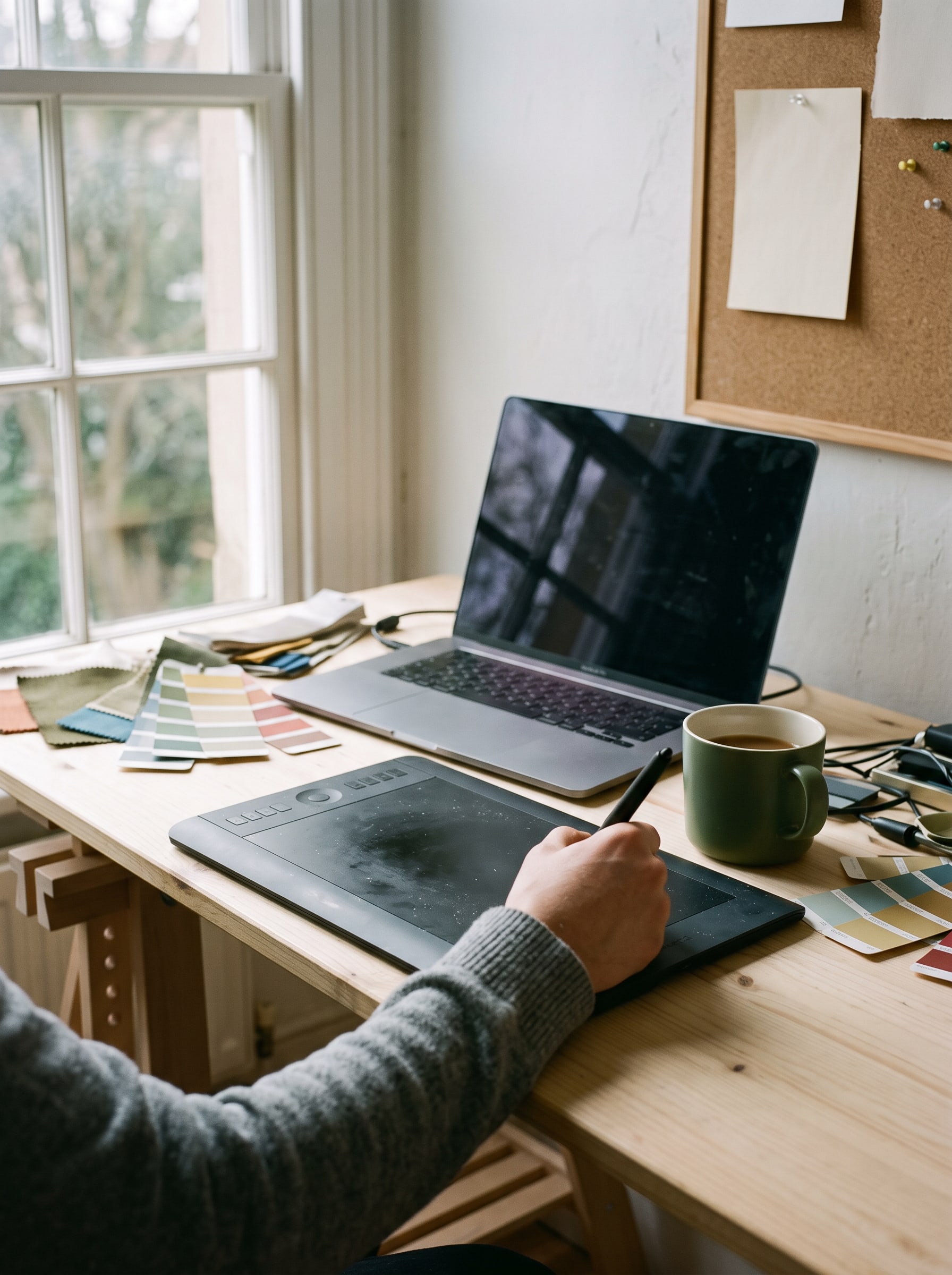 Wednesday: heads down at the desk, a hand drawing with a stylus on a tablet beside an open laptop, the pinboard of colour chips above.