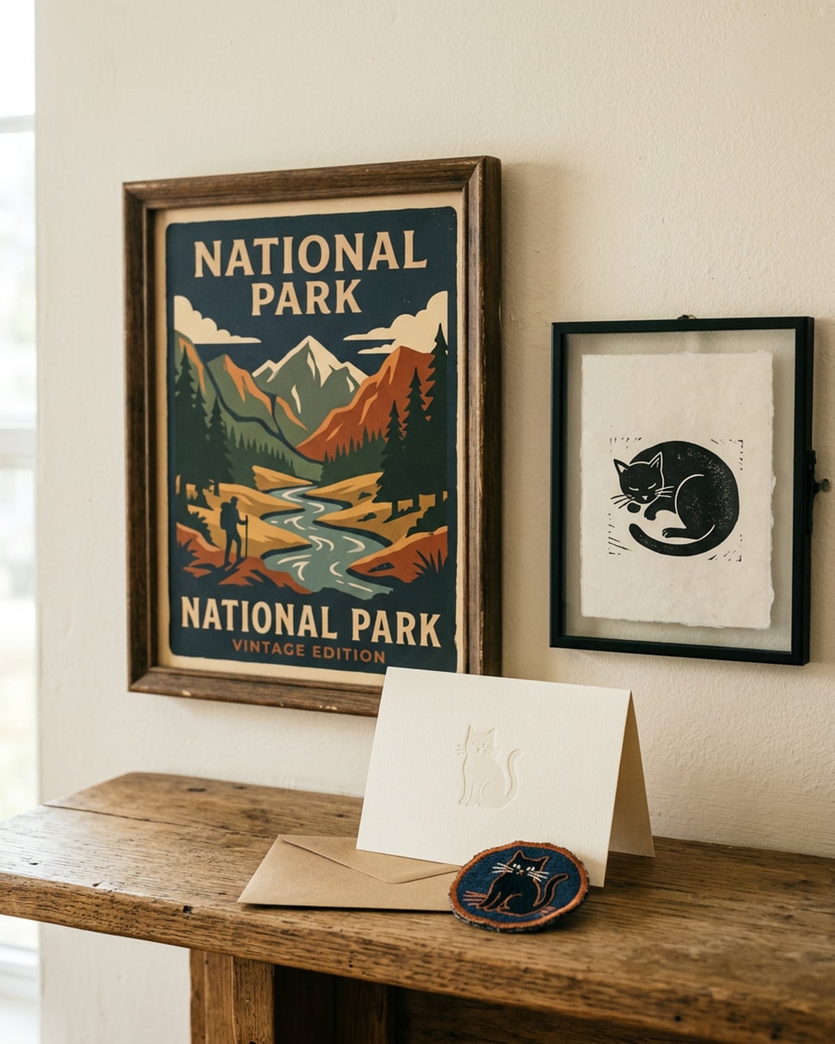 A framed vintage park poster on a wooden shelf beside a black-ink cat print, with a folded card, an envelope and an embroidered cat patch in front