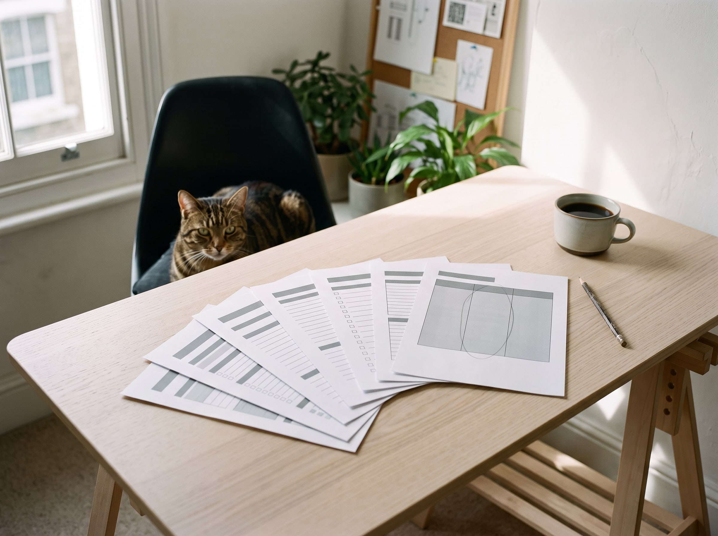 Six printed documents fanned out on a pale wood desk, a proposal with a three-column pricing table on top, a pencil and a mug of black coffee beside them