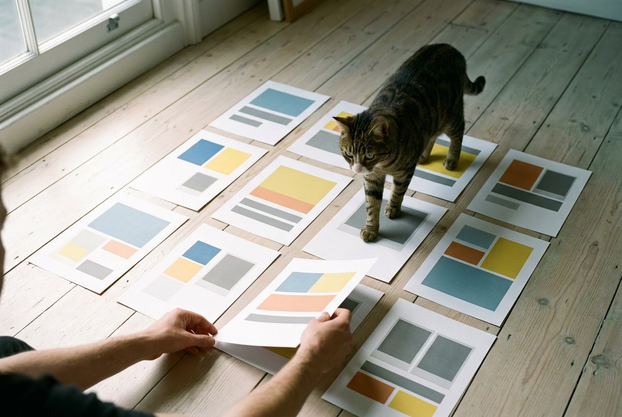 Printed portfolio pages laid out in a grid on the floorboards, two hands moving one page while the tabby walks between the rows.