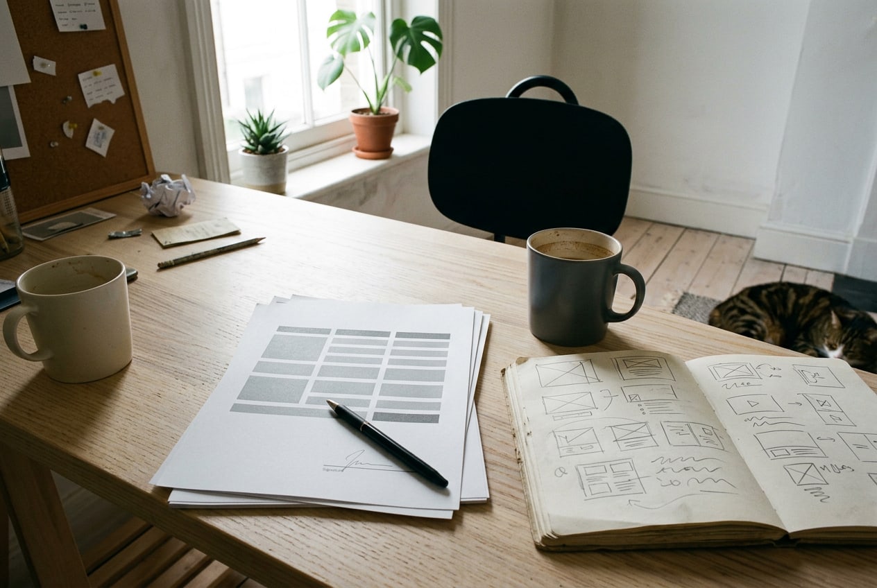 Two mugs on the desk after a meeting: a printed proposal with a pen across its signature line, an open sketchbook of rough thumbnails beside it.