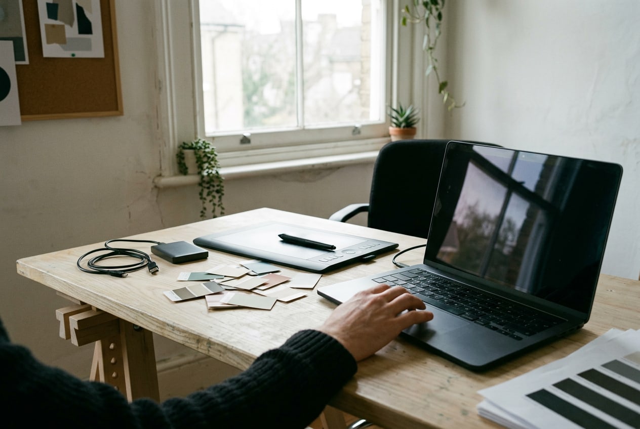 Close on the working corner of the desk: a laptop with a dark screen, a drawing tablet and stylus, and a hand resting on the trackpad.