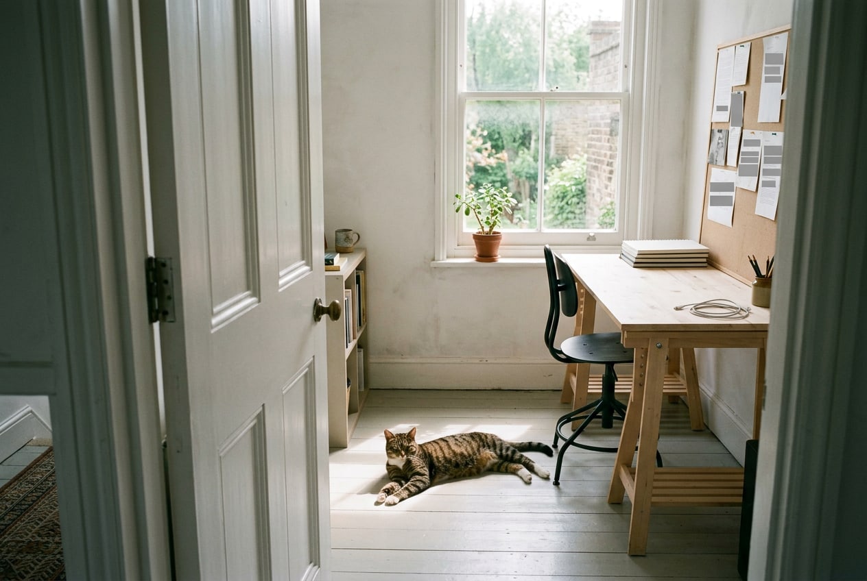 The studio door open on an empty, sunlit room: a pale wood desk under the sash window, the black chair and a tabby stretching on the floorboards.