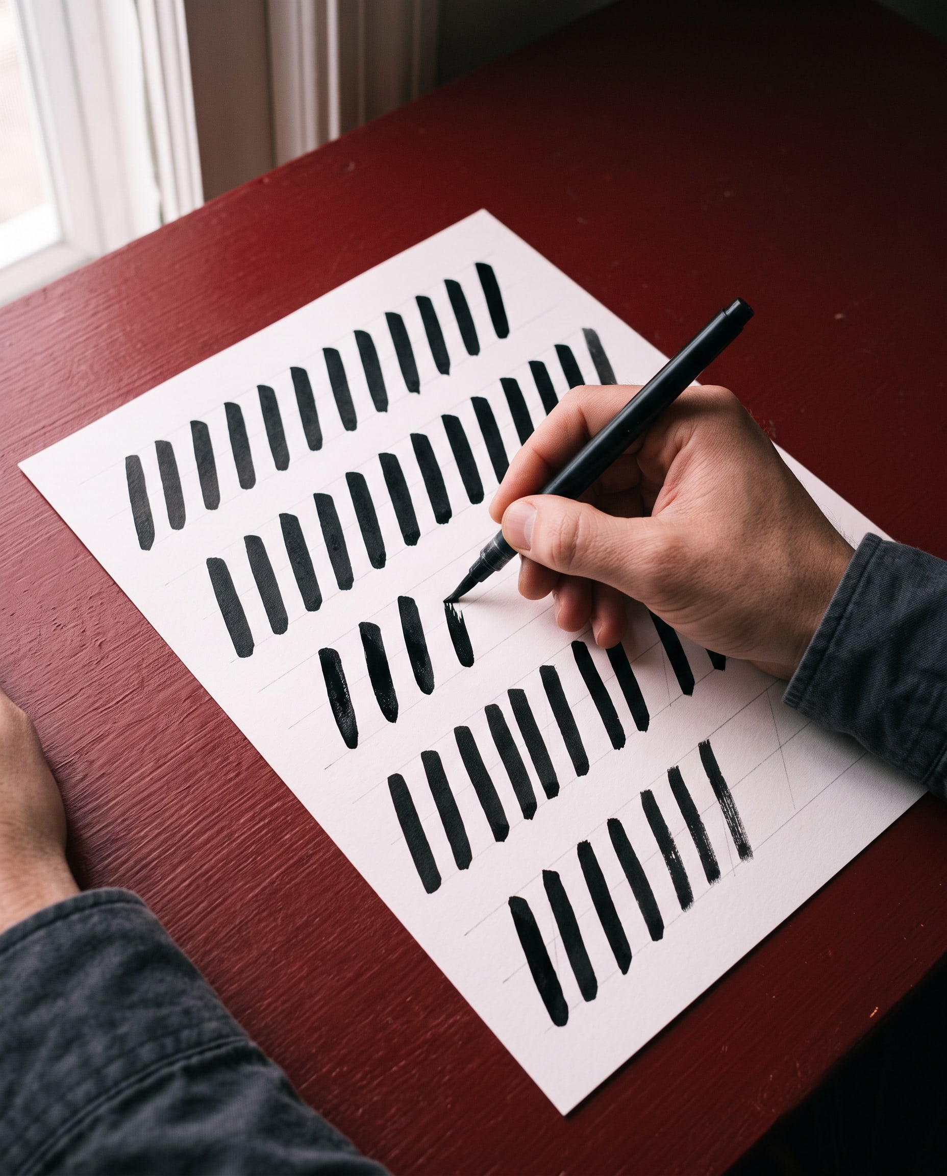 A hand drawing thick black downstrokes with a brush pen on a sheet of slanted guidelines