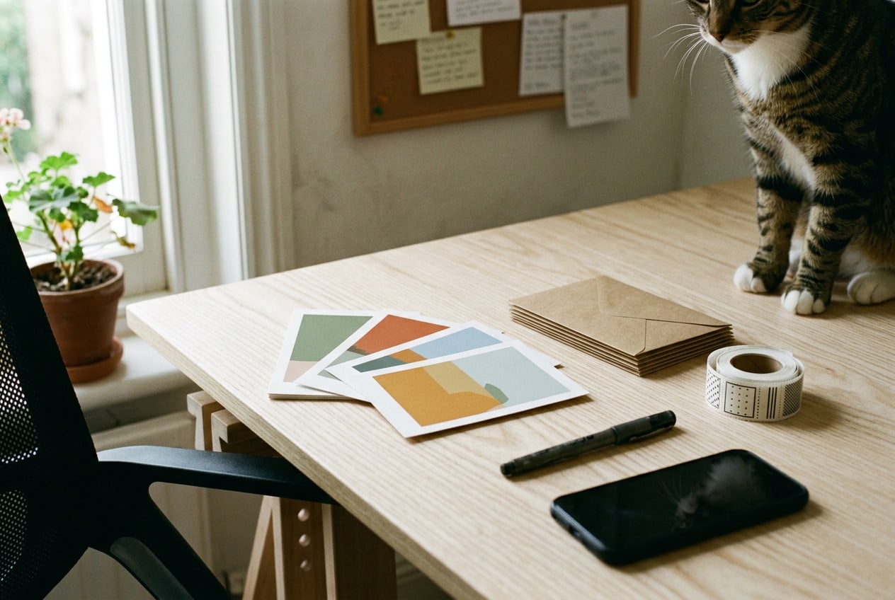 A small stack of printed postcards and plain envelopes on the desk beside a phone lying face down and a roll of postage stamps.