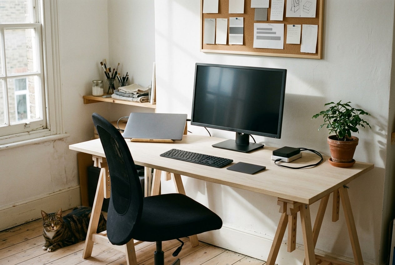 The whole desk at seated height: a monitor with a dark screen, a laptop on a stand, two small external drives, tidy cables and the black chair.