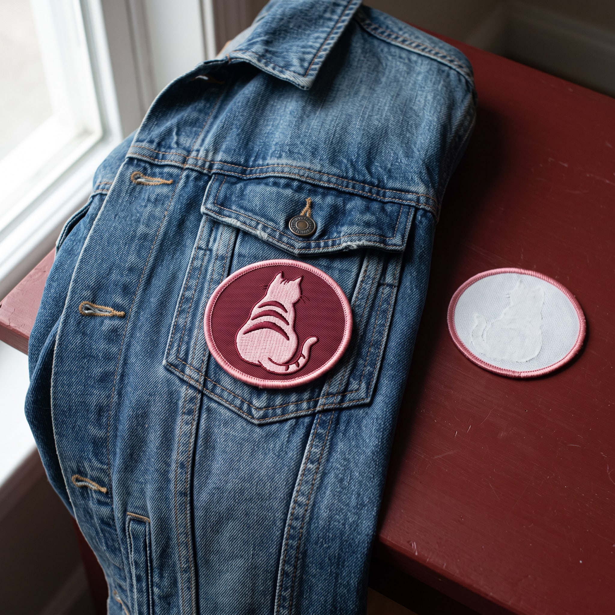 The striped-cat patch, a pink cat seen from behind in satin stitch, on the pocket of a denim jacket