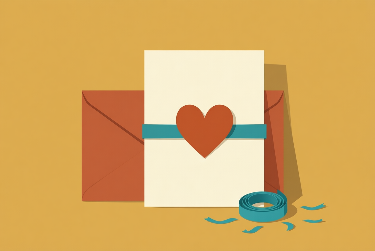 Flat paper collage of a cream thank-you note with teal ribbon and terracotta heart, beside envelopes on a mustard background.