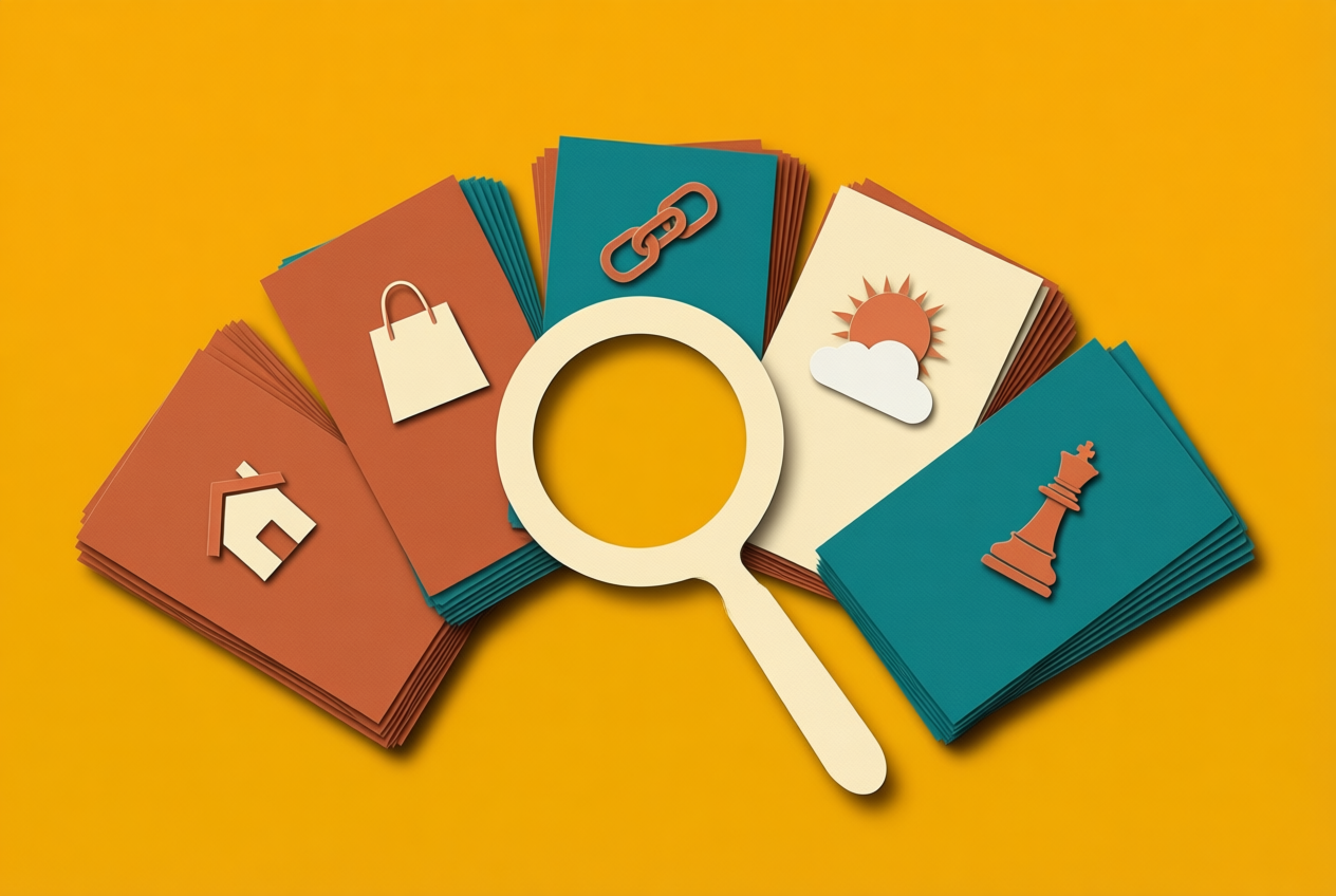 A paper collage shows five fanned cards with symbols like a house and sun, viewed through a magnifying glass on a mustard background.