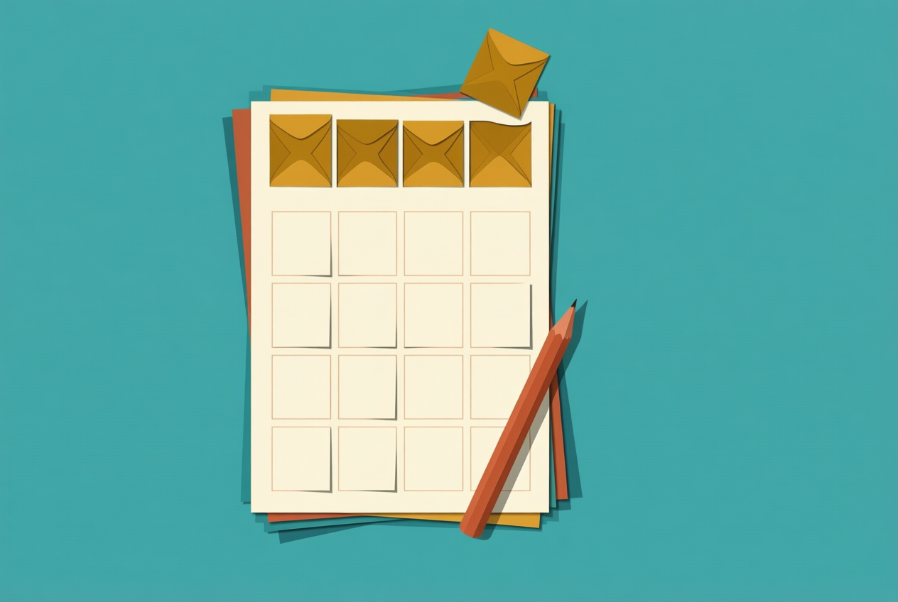 A flat paper-collage illustration of a cream weekly planner with mustard envelopes and a terracotta pencil on a teal background.