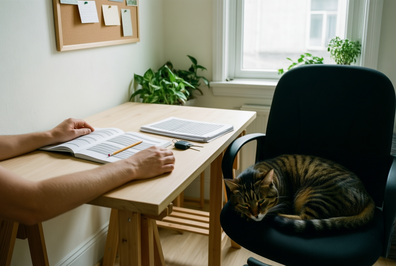 Hands rest on a desk with blank notes and keys, while a tabby cat sleeps nearby in a sunlit home office.