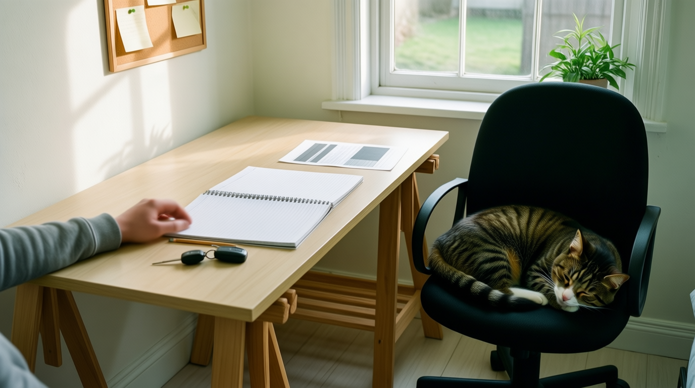 A tabby cat sleeps in a chair beside a trestle desk with a notebook and keys, bathed in soft daylight.