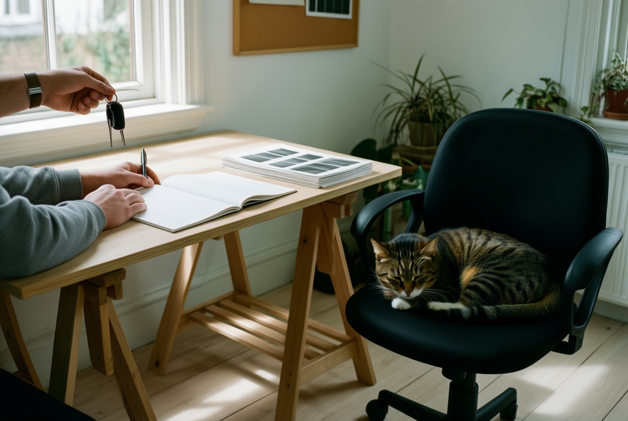 A tabby cat sleeps on a chair in a sunlit studio where an illustrator reaches for a notebook as an assistant holds keys.