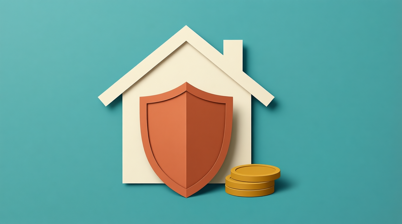 A cream paper house sits behind a terracotta shield and mustard coins on a teal background.