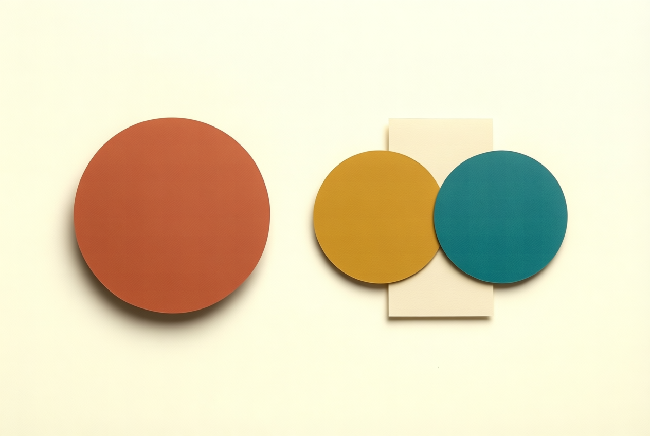 A flat collage shows a single terracotta circle on the left and two joined discs in mustard and teal on the right against a cream background.