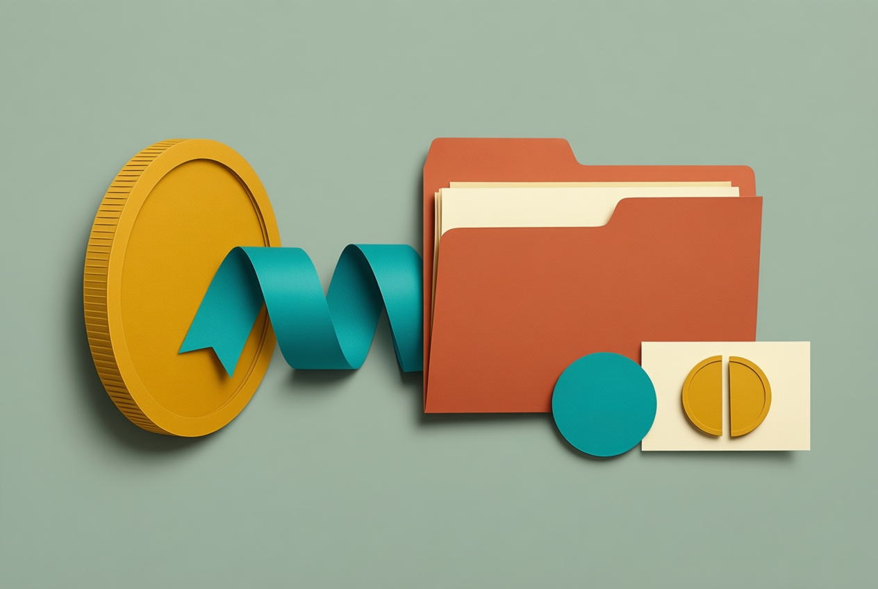 Mustard coins and a teal ribbon move toward a terracotta folder on a sage background, illustrating splitting money.