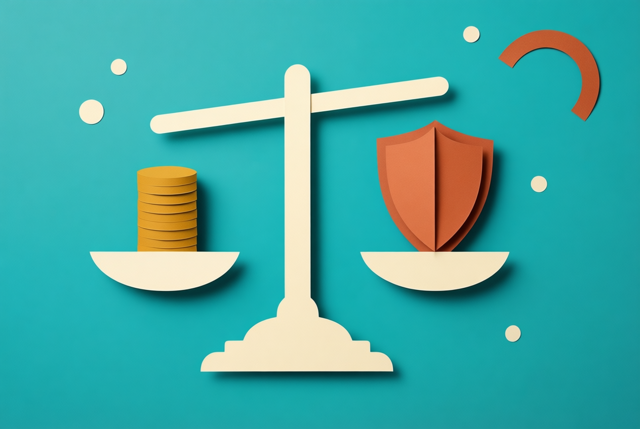 A flat paper collage shows a balanced scale with mustard coins and a terracotta shield on a teal background.