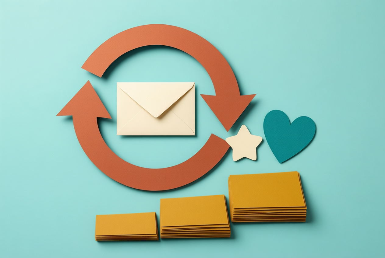 A flat paper collage shows a terracotta arrow circling an envelope and rising mustard cards, symbolizing repeat purchases.