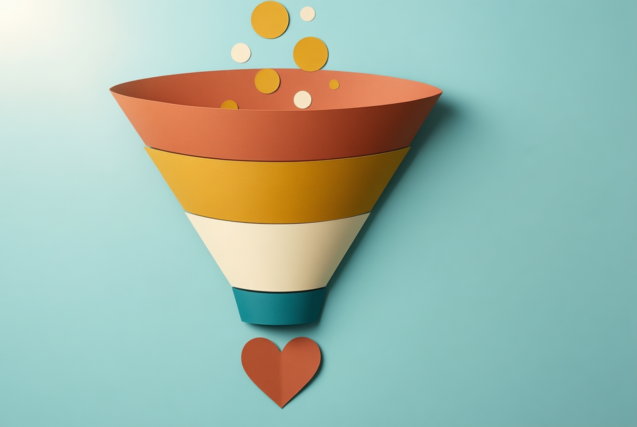 A flat paper collage of a marketing funnel with terracotta, mustard, cream and teal layers against a soft teal background.