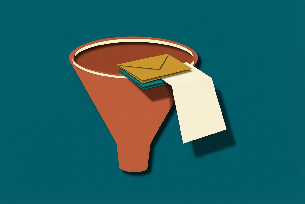 A terracotta paper funnel holds a mustard envelope and cream letter against a teal background.