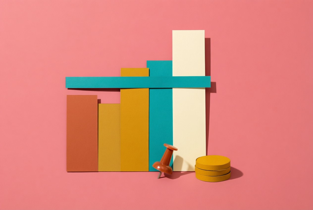 Flat paper collage of a terracotta and teal bar chart with a map pin and coins on a dusty rose background.