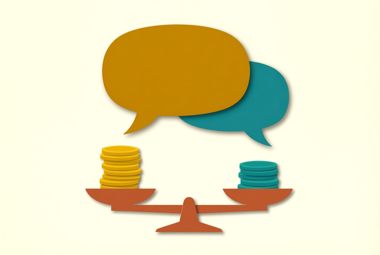 A cut-paper collage shows a balance scale with equal stacks of mustard and teal coins beneath overlapping speech bubbles.
