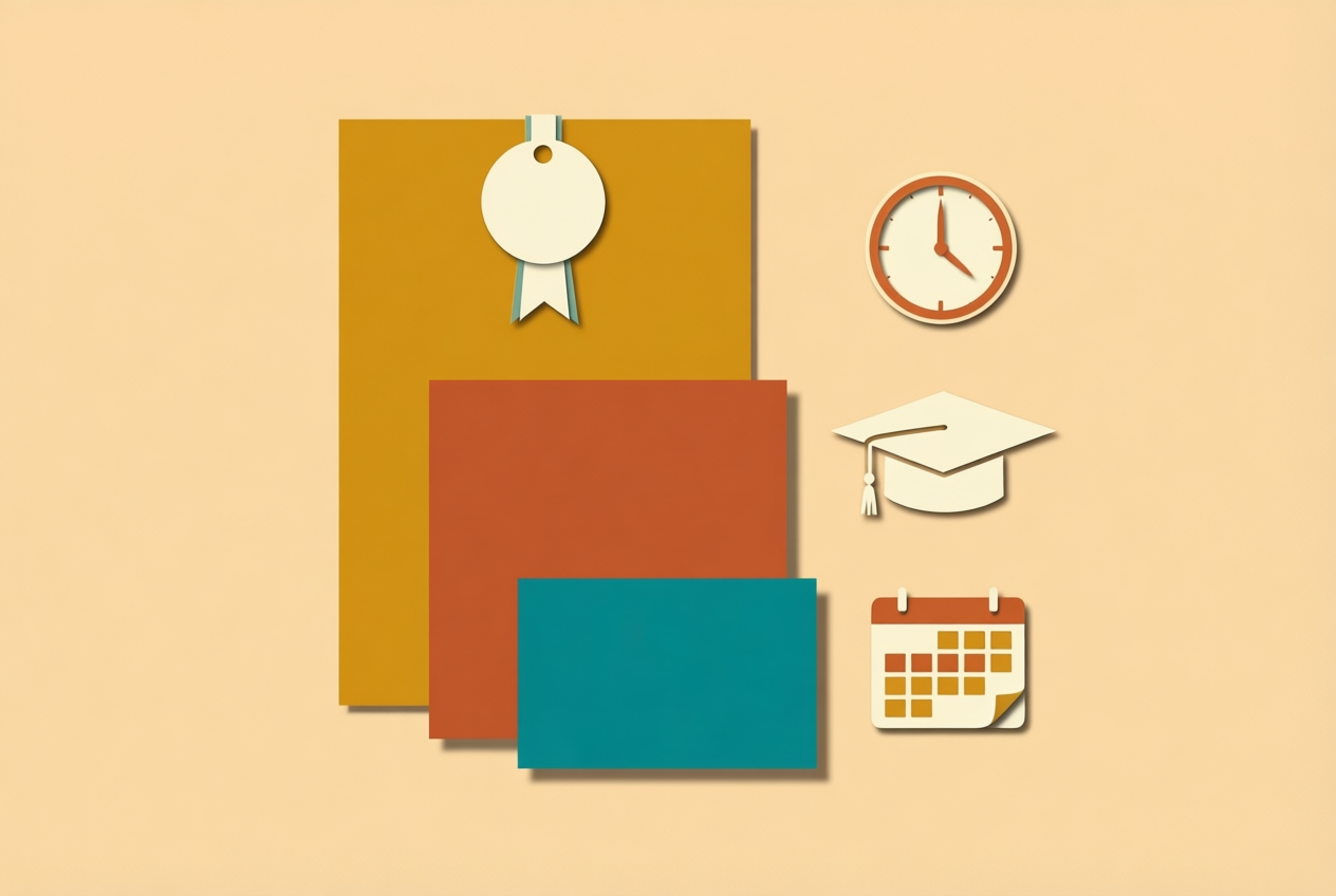 Collage of stacked colored cards with a badge and symbols for job benefits on a sand background.
