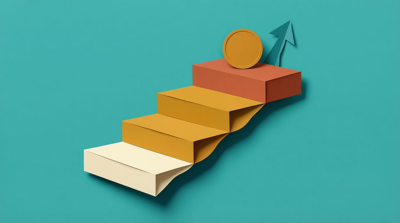 A flat cut-paper illustration shows a three-step staircase in cream, mustard, and terracotta with a coin on top and an arrow pointing up against a teal background.