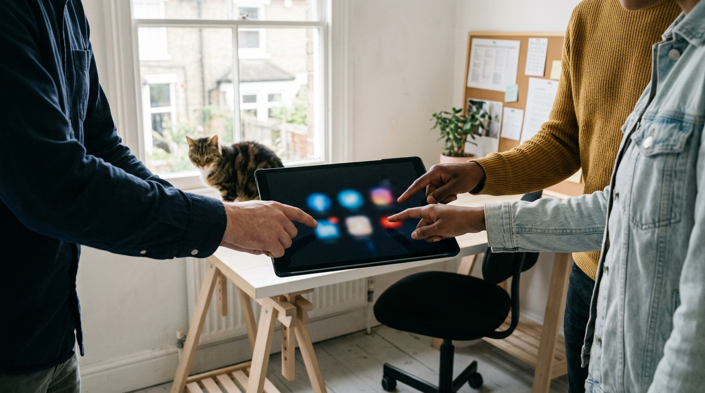 A diverse team collaborates around a large tablet in a sunlit, lived-in creative studio.