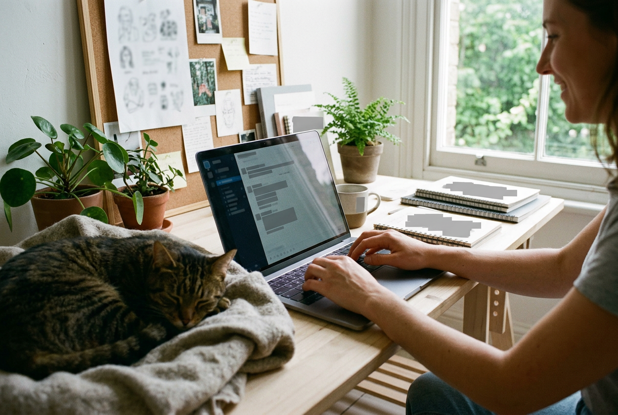 Freelance illustrator types on a laptop at a sunlit desk in a creative studio, with only hands visible.