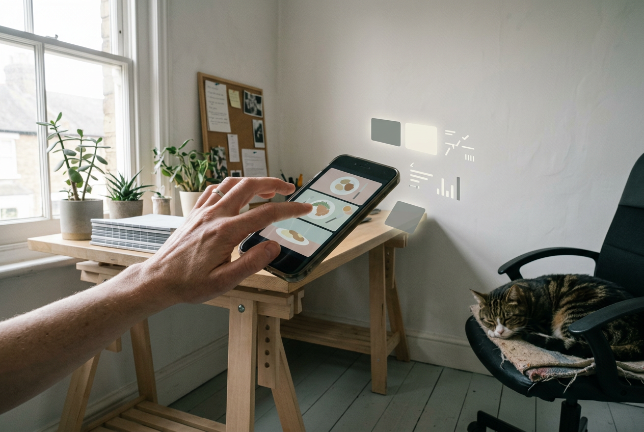 A hand swipes a smartphone screen showing food slides with floating metrics in a sunlit creative studio.