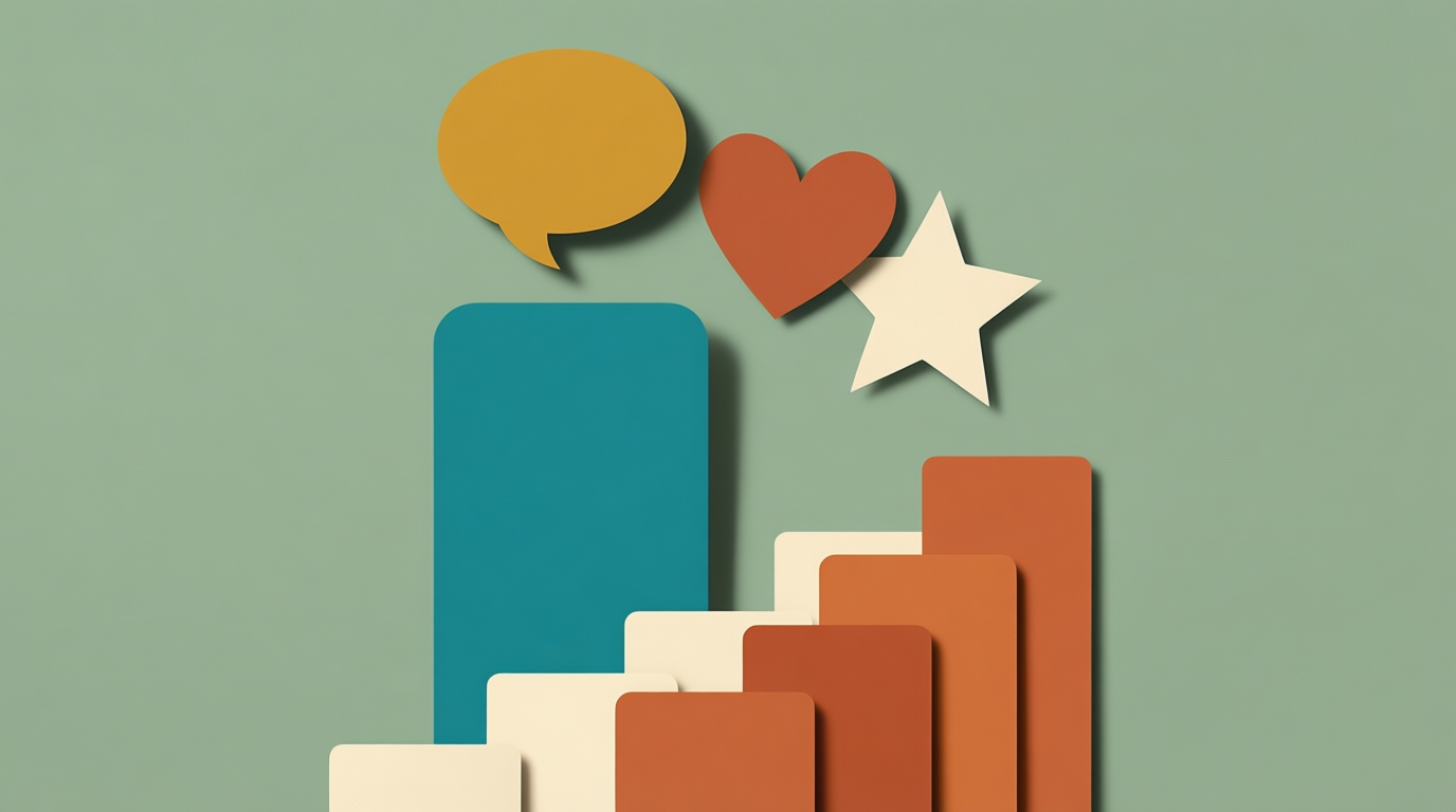 A flat cut-paper collage of teal, mustard, terracotta, and cream shapes on a sage background.
