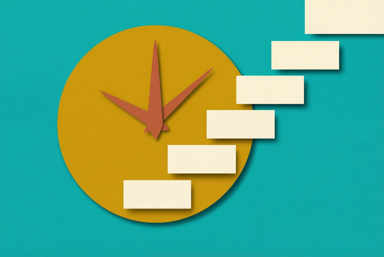 Mustard clock with terracotta hands on teal background, beside a stack of five cream cards.