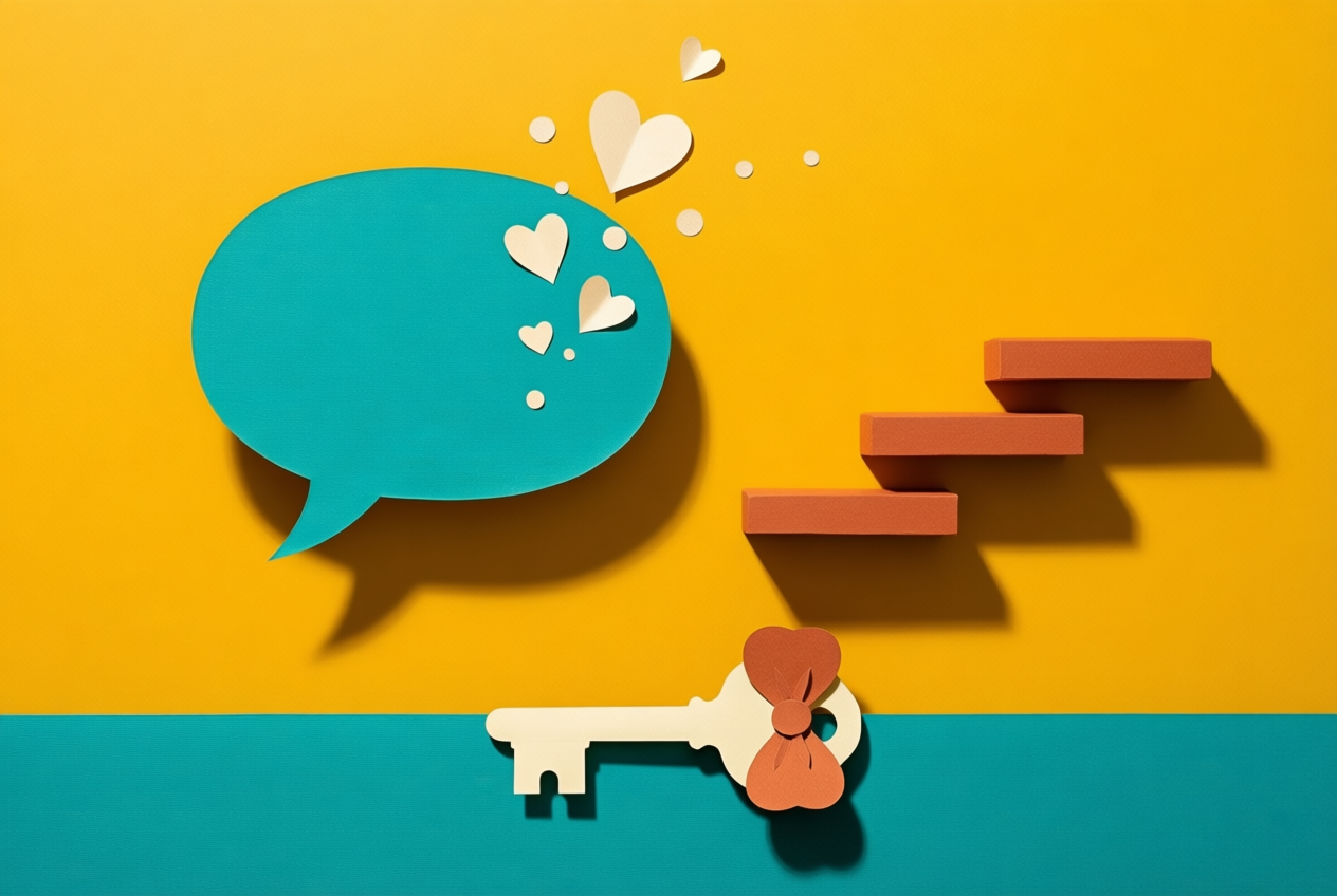 A teal speech bubble and terracotta bars float above a cream key on a mustard background.
